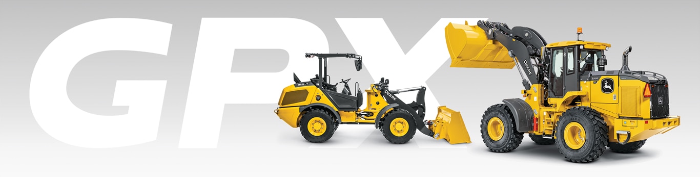Las Cargadoras con Ruedas John Deere 184 G-Tier y 644 X-Tier posan delante de grandes letras en mayúsculas G, P y X.