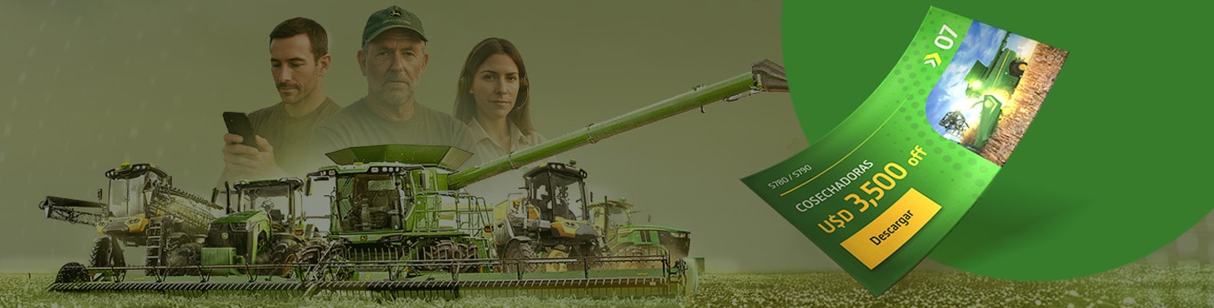Dos hombres y una mujer, uno al lado del otro al fondo de la imagen; en primer plano, equipos de PLA y John Deere están uno al lado del otro. A la izquierda, una franja verde con un cupón