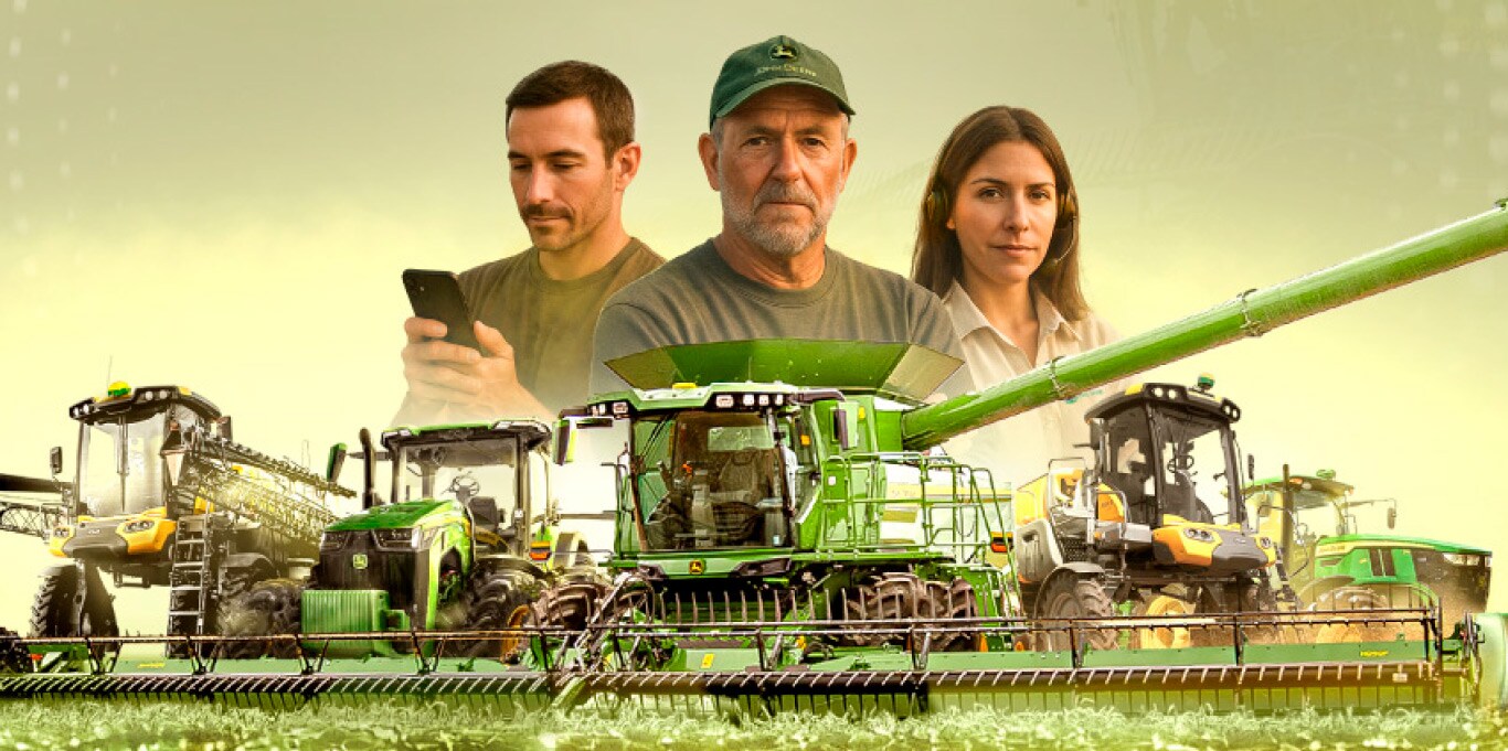 Dos hombres y una mujer, uno al lado del otro al fondo de la imagen; en primer plano, equipos de PLA y John Deere están uno al lado del otro.