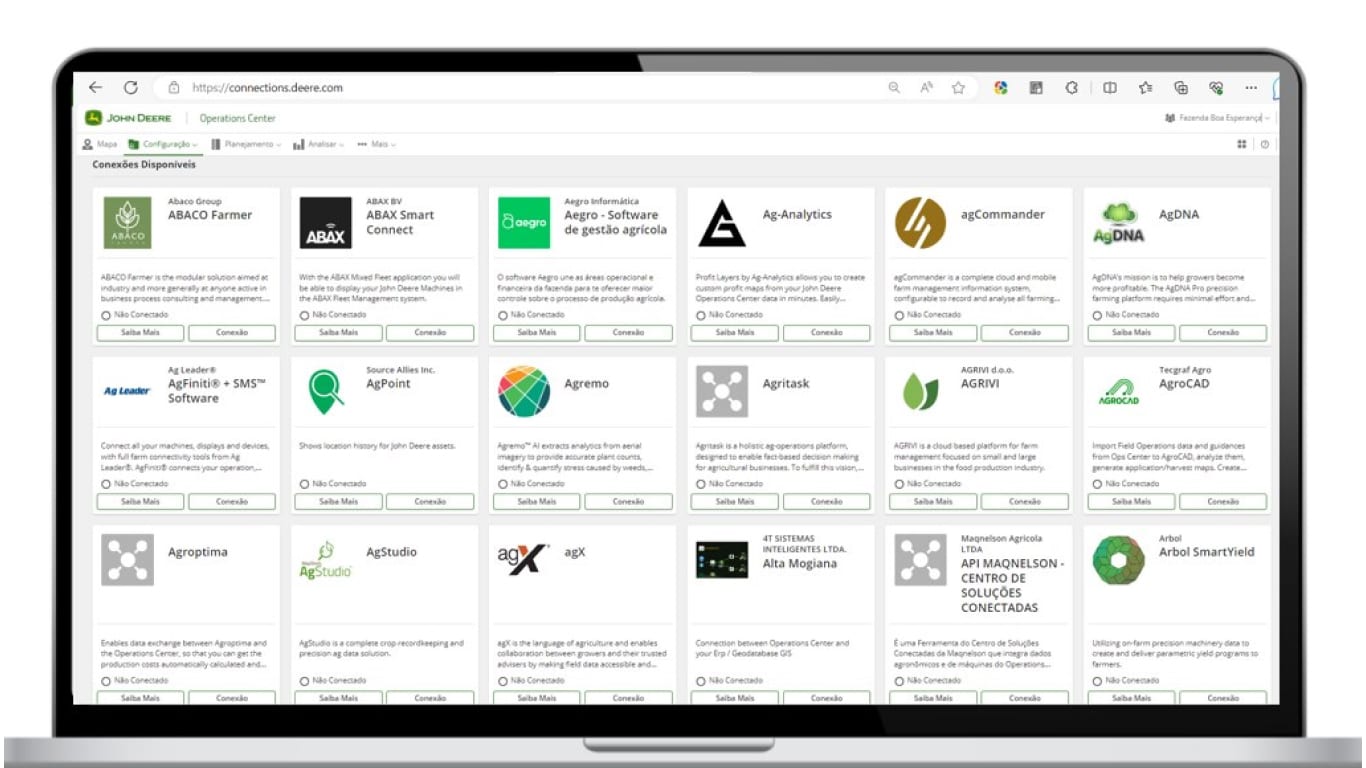 Ordenador con la pantalla abierta en la página Conexiones, con los distintos medios de conexión que están disponibles para los productos John Deere.