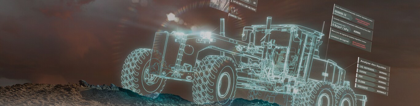 Motoniveladora holográfica con notificaciones de worksight en el lugar de trabajo