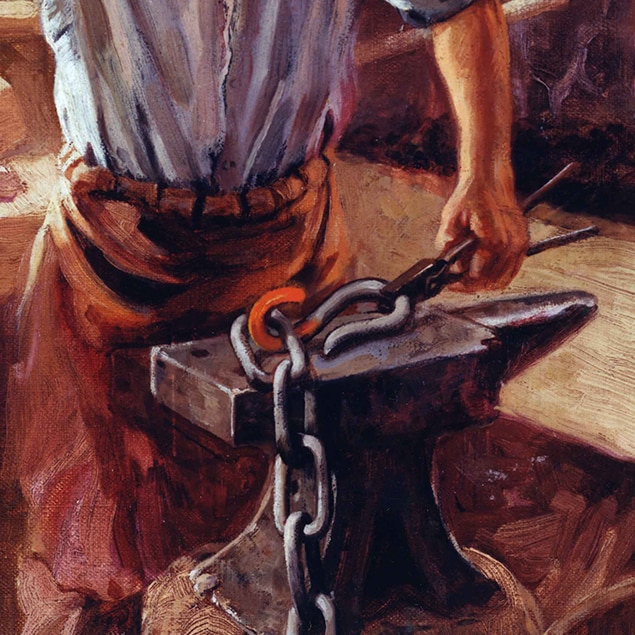 Pintura de Walter Haskell Hinton que muestra a John Deere trabajando en su herrería