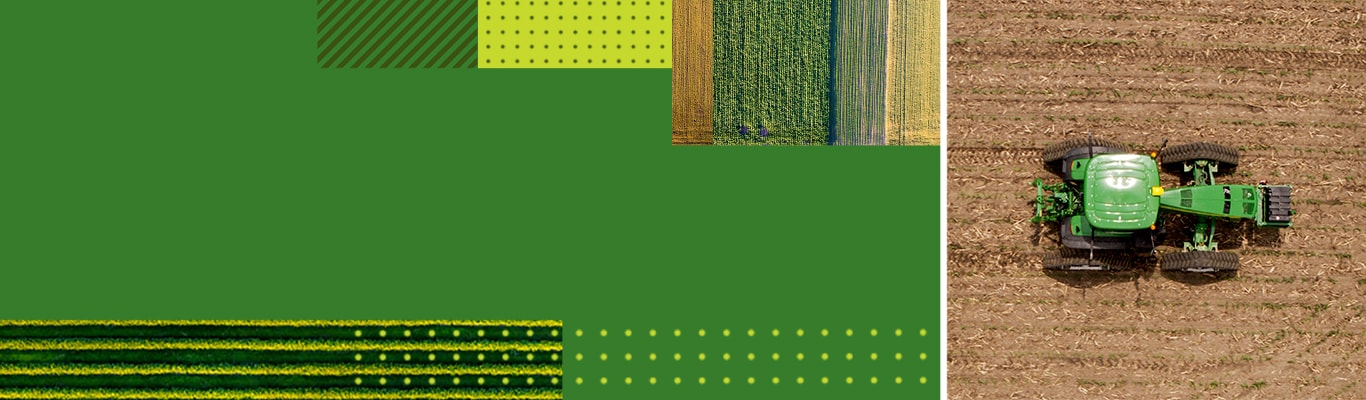 Un collage de varios campos fotografiados desde arriba con un tractor John Deere a la derecha