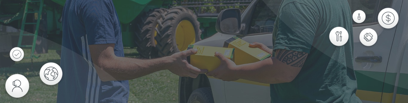 Dos personas intercambiando cajas amarillas junto a vehículo blanco con íconos.