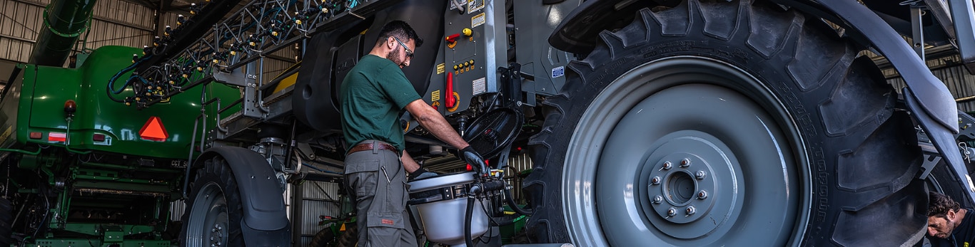 Un mecánico trabajando en una máquina John Deere.