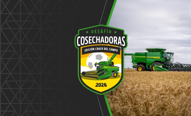 Fondo gris y negro con tramas blancas con el escudo del Desafío Cosechadoras Edición Crack del Campo y una foto de cosechadora en el campo.