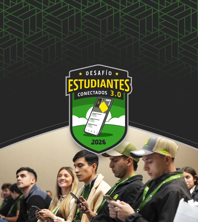 Fondo gris y negro con tramas verdes con el escudo del Desafío Estudiantes Conectados 3.0 y una foto de estudiantes al fondo.