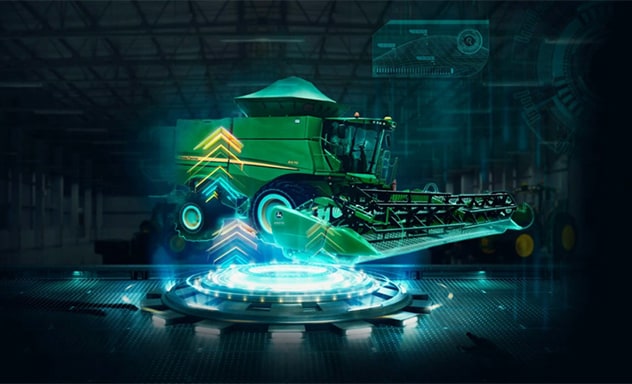 KV Colheitadeira - Máquina John Deere en un cobertizo, rodeada de representaciones de tecnología.