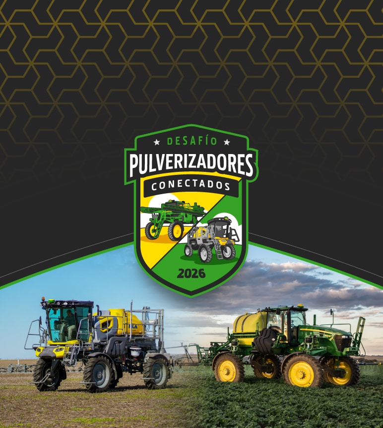 Fondo gris y negro con tramas amarillas con el escudo del Desafío Pulverizadores Conectados 2026 y una foto de pulverizadores en el campo.