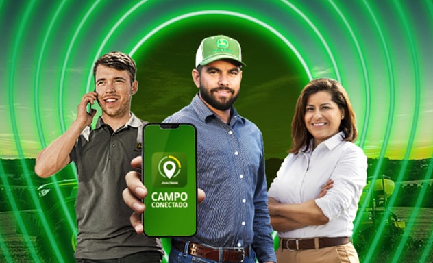 2 homens e uma mulher, o homem do meio segura um celular com o símbolo do Smart Farm.