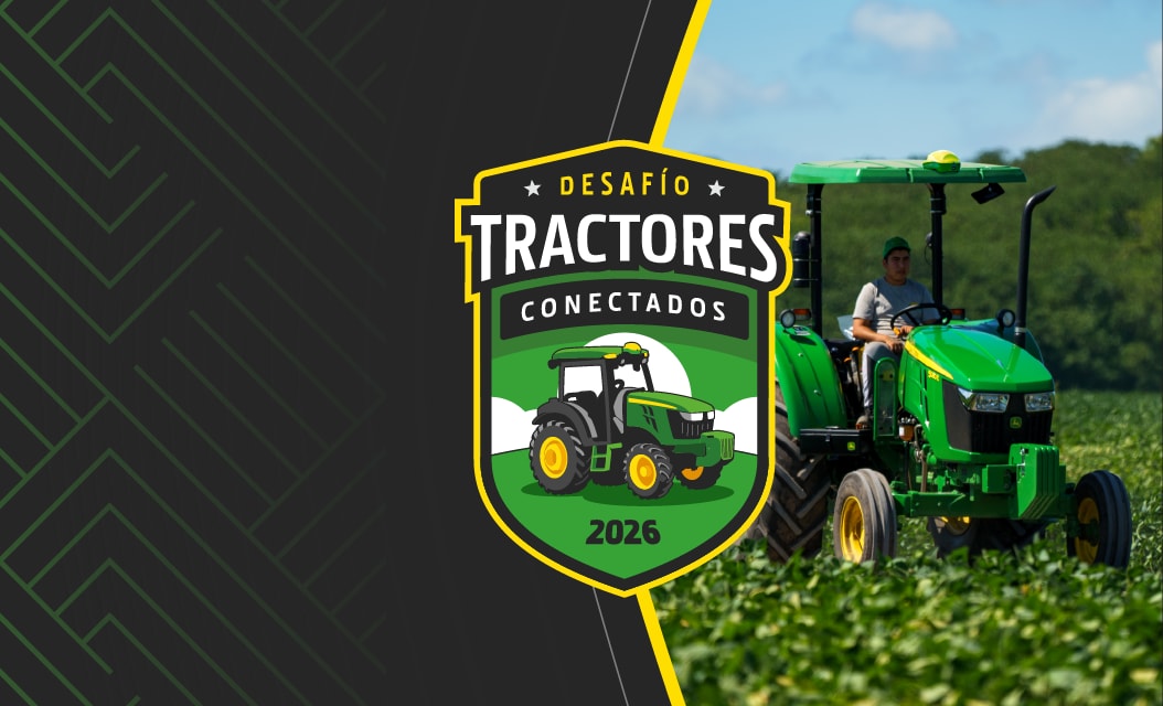 Fondo gris y negro con tramas verdes con el escudo del Desafío Tractores Conectados y una foto de tractor en el campo.
