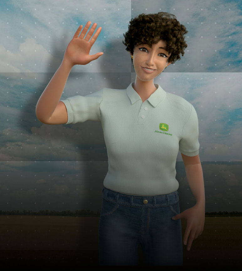 Ana, la nueva especialista virtual de John Deere, saludando felizmente con su mano derecha.