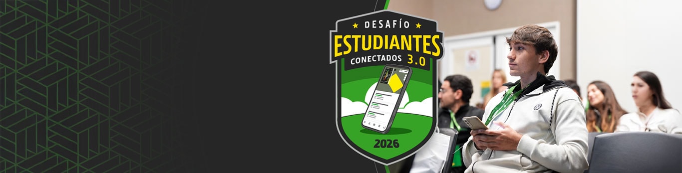 Fondo gris y negro con tramas verdes con el escudo del Desafío Estudiantes Conectados 3.0 y una foto de estudiantes al fondo.