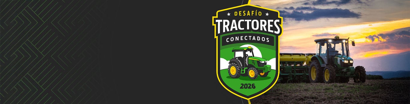 Fondo gris y negro con tramas verdes con el escudo del Desafío Tractores Conectados y una foto de tractor en el campo.