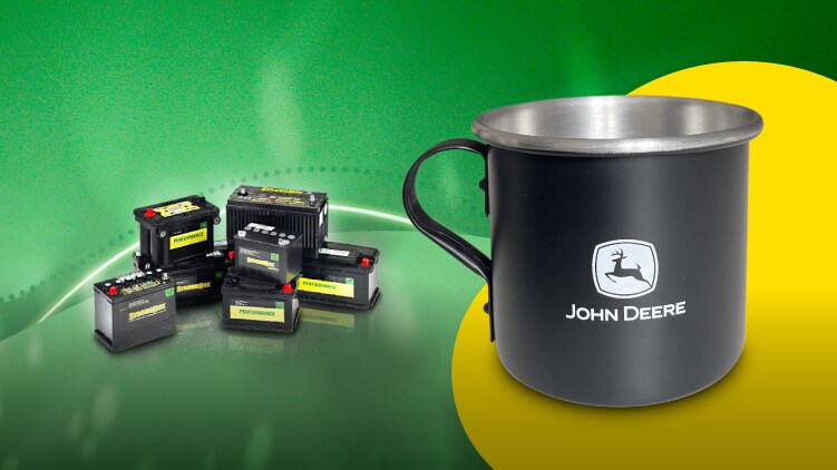 Taza John Deere y baterías