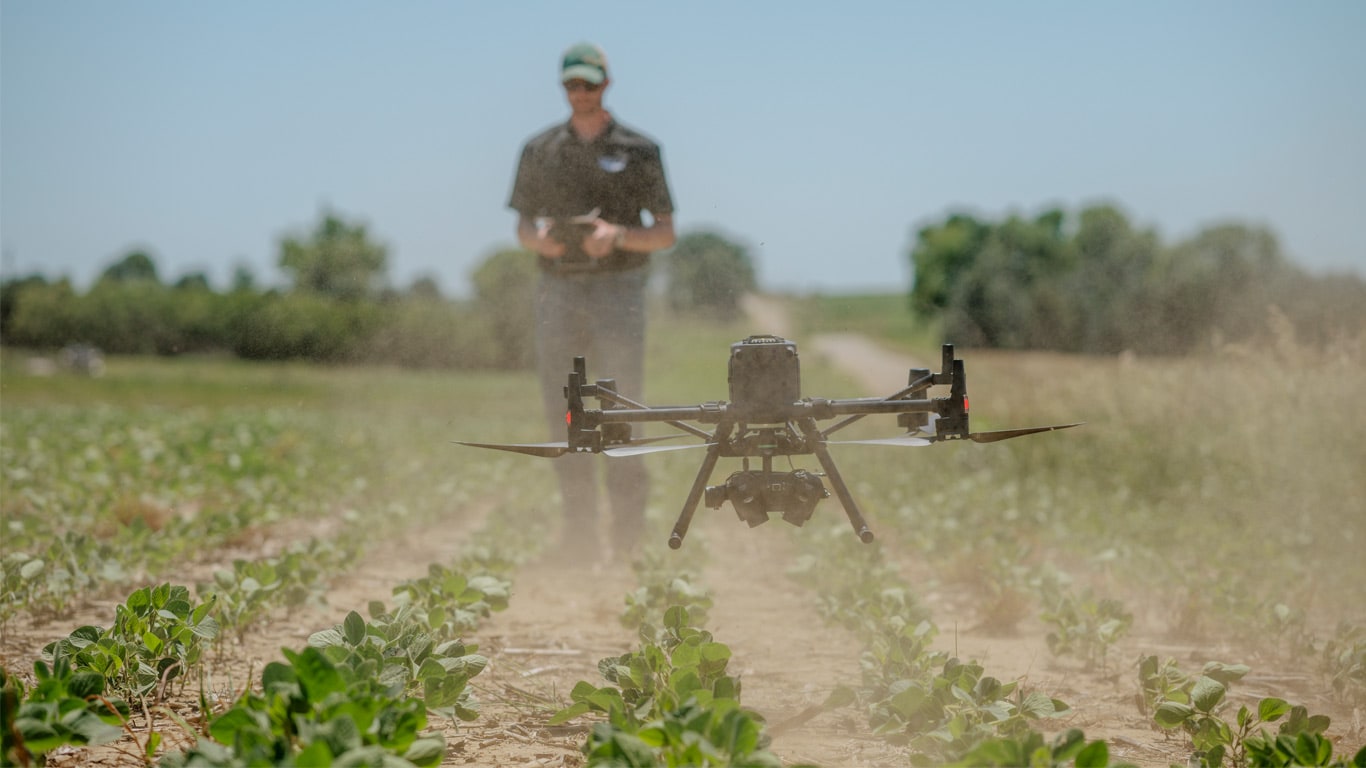Un dron despegando en un cultivo