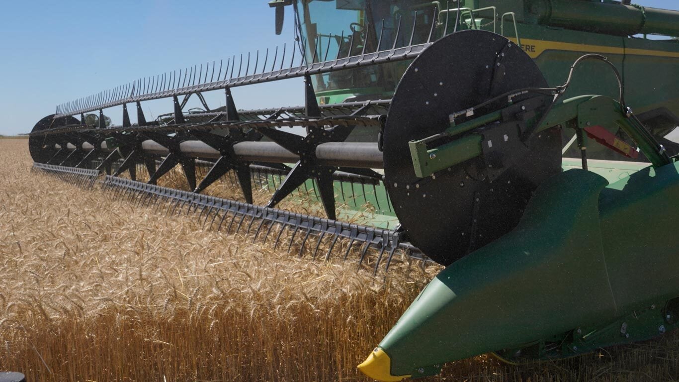 Plataforma Draper para cosecha de granos con tecnología HydraFlex y alimentación eficiente.