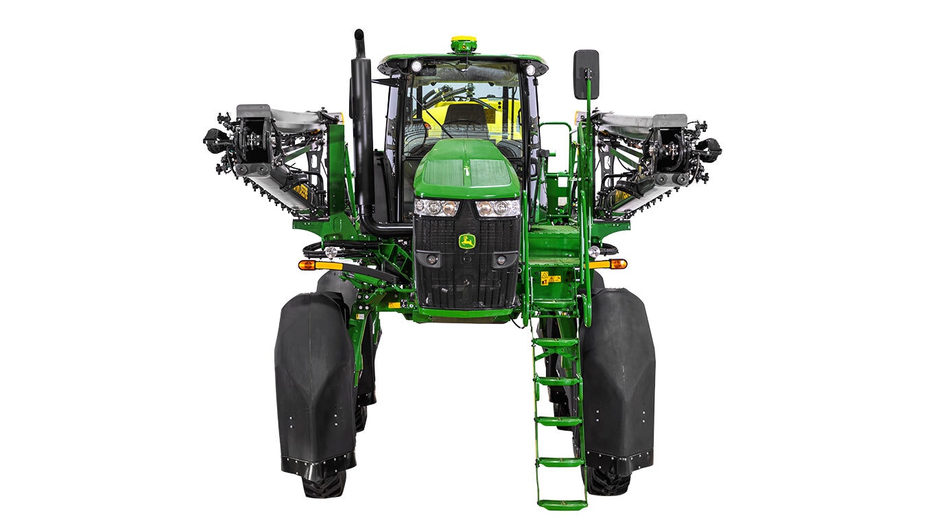 Pulverizadora autopropulsada John Deere 230M sobre fondo blanco.