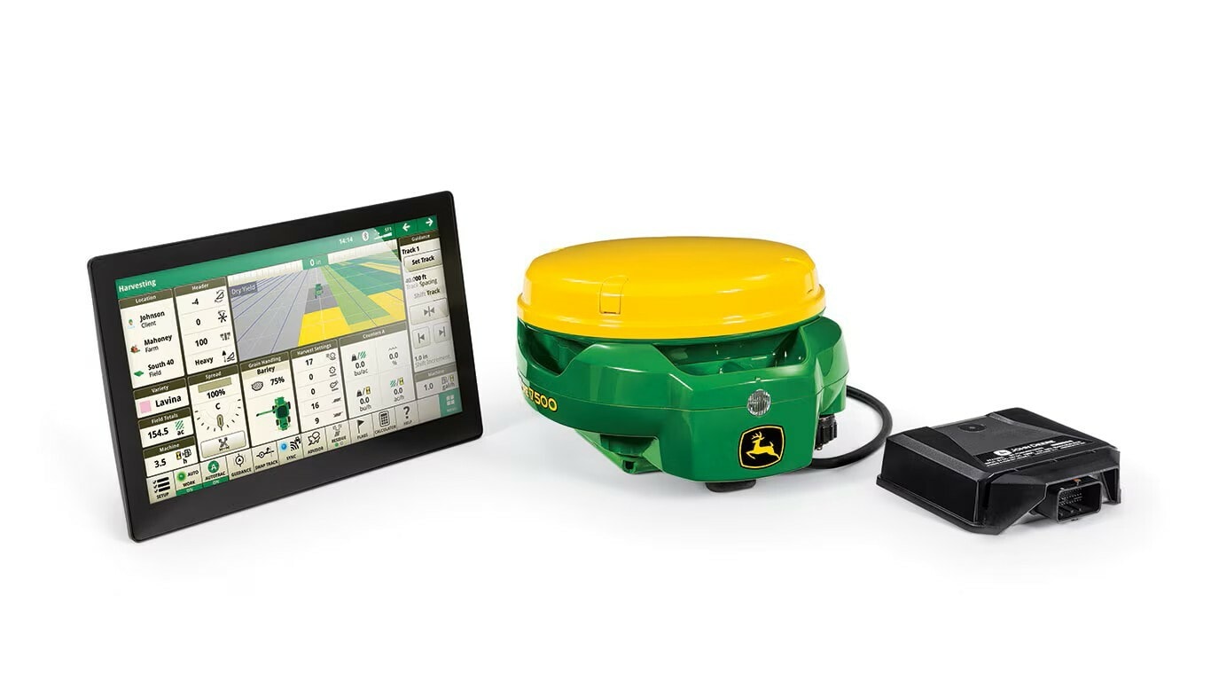 Receptor GPS John Deere, pantalla de datos agrícolas y módulo electrónico negro en la pantalla.