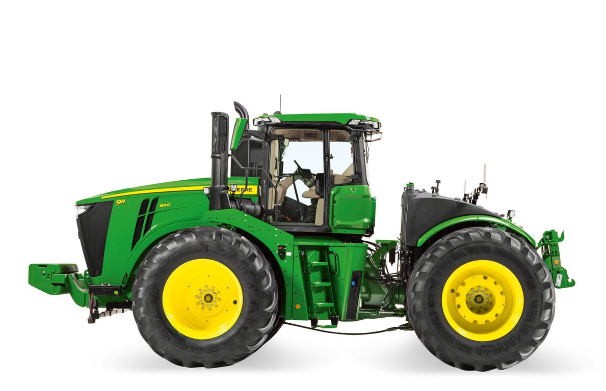 Tractor John Deere Serie 9R con alta potencia, tecnología integrada y rendimiento para grandes extensiones.
