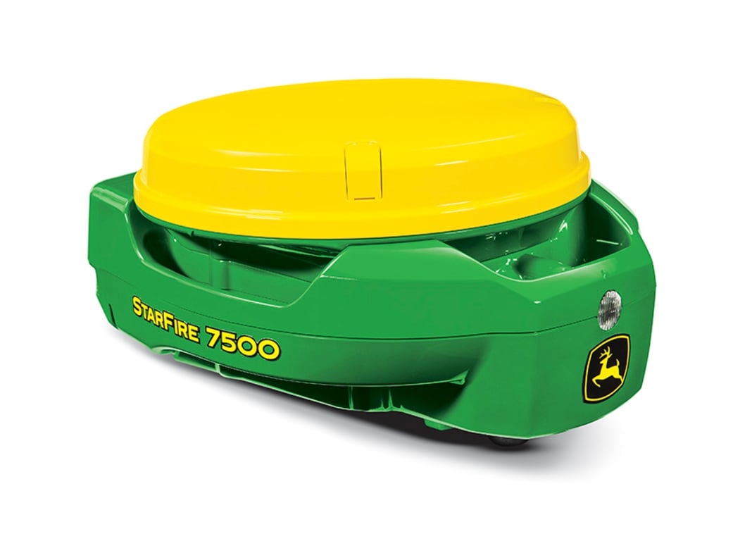 Receptor GPS StarFire 7500 de John Deere en verde y amarillo con logotipo en la parte delantera.