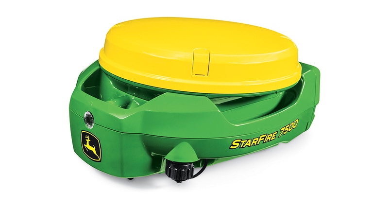 Receptor GPS StarFire 7500 de John Deere en verde y amarillo con logotipo en la parte delantera.